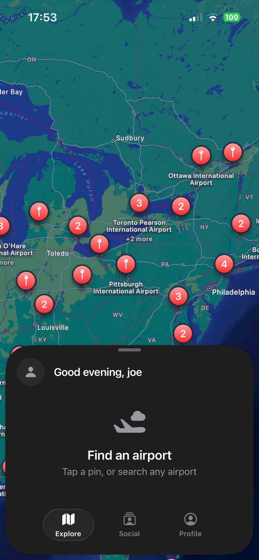 The Explore map with airport pins across Ontario and the northeastern US